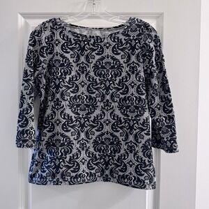 Talbots Petites Top Medium Navy White Damask Print 3/4 Sleeve Stretch Cotton Tee